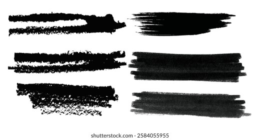 Collection of vector paint bold brush strokes, hand drawn thick grunge lines and rectangle shapes. Sketchy bold horizontal lines. Black ink brush strokes and banner