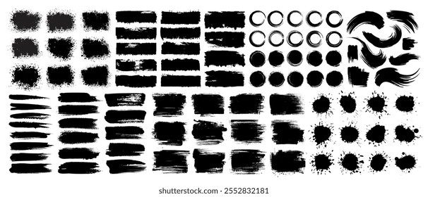 Collection of vector paint brush stroke, hand drawn grunge line, text box, dirty overlay texture, banner, frame, design element, doodle ink splash, torn paper silhouette and black watercolor splatter.