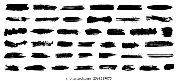 Collection of vector paint brush stroke, ink splatter, grunge line and artistic design elements. Dirty overlay, watercolor splash, black silhouette and torn paper set. Social media business banner art