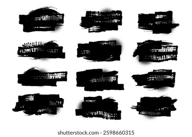 Collection of vector paint brush stroke, ink splatter, grunge line and artistic design elements. Dirty overlay, watercolor splash, black silhouette and torn paper set. EPS