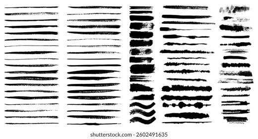 Collection of vector paint brush stroke, ink splatter, grunge line and artistic design elements. Dirty overlay, watercolor splash, black silhouette and torn paper set. Social media business banner art