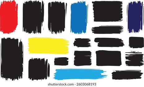 Collection of vector paint brush stroke, ink splatter, grunge line and artistic design elements. Dirty overlay, watercolor splash, black silhouette and torn paper set. Social media business banner art