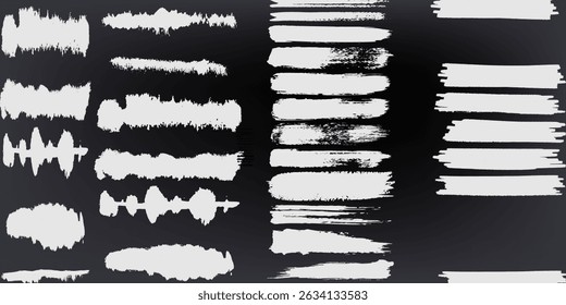Collection of vector paint brush stroke, ink splatter, grunge line and artistic design elements. Dirty overlay, watercolor splash, white silhouette and torn paper set. Social media business banner art