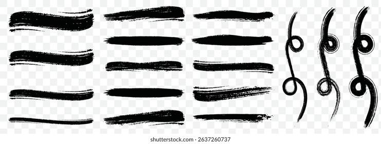 Collection of vector paint brush stroke, ink splatter, grunge line and artistic design elements. Dirty overlay, watercolor splash, black silhouette and torn paper set. Social media business banner art