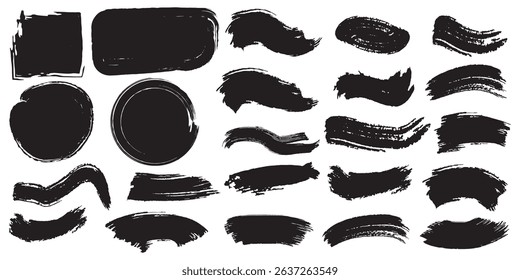 Collection of vector paint brush stroke, ink splatter, grunge line. Vector hand drawn brush underline element set for accent, crayon texture emphasis effect. Dirty overlay, watercolor splash, black. 