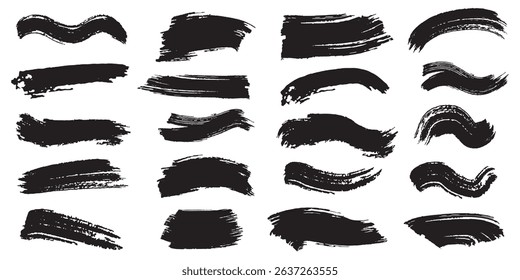 Collection of vector paint brush stroke, ink splatter, grunge line. Vector hand drawn brush underline element set for accent, crayon texture emphasis effect. Dirty overlay, watercolor splash, black. 