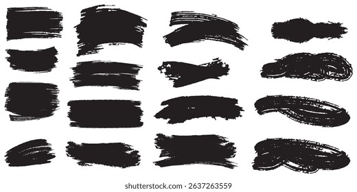 Collection of vector paint brush stroke, ink splatter, grunge line. Vector hand drawn brush underline element set for accent, crayon texture emphasis effect. Dirty overlay, watercolor splash, black. 