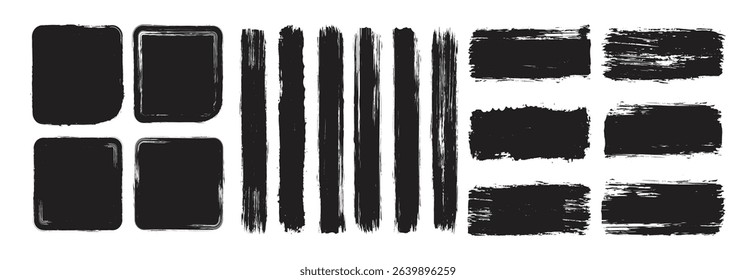 Collection of vector paint brush stroke, ink splash and grungy decoration elements. Vector frame art or texture element. Freehand grunge brush illustration	
