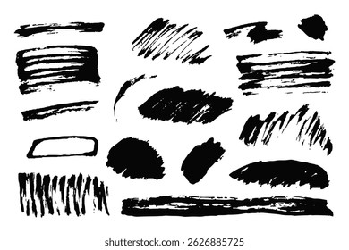 Collection of vector paint brush strokes, ink splatter, grunge lines, and artistic design elements. Messy texture, black silhouette, scratch marks, and creative shapes