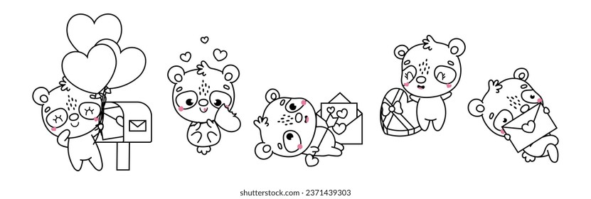 Collection of Vector Panda Outline Art. Set of Isolated Bear Coloring Page Illustration. Cute Vector Animals in Love for Coloring Book 