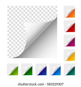 Collection of vector paper corners. Set of colorful paper sheets. White, orange, red, violet, yellow, green, blue, dark blue, turquoise, light green paper curled paper.