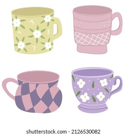 Collection of vector pastel mugs illustrations. Isolated on white backdrop. 