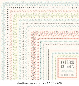 Collection of vector pattern brushes. Floral brushes and pattern brushes set with inner and outer corner elements. Decorative frames and borders.