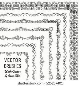 Collection of Vector Pattern Brushes with Outer and Inner Tiles. Black Outlined Hand Drawn Vintage Seamless Line Borders, Frames, Corners. Design Elements. Vector Illustration