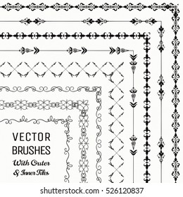 Collection of Vector Pattern Brushes with Outer and Inner Tiles. Black Outlined Hand Drawn Vintage Seamless Line Borders, Frames, Corners. Design Elements. Vector Illustration