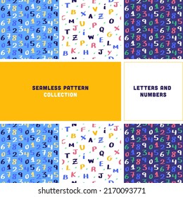 Collection of vector patterns about Letters and Numbers. Alphabet and education, seamless illustration, ideal for prints, backdrop, background. Colorful set design, cheerful, fun. Handmade for kids.