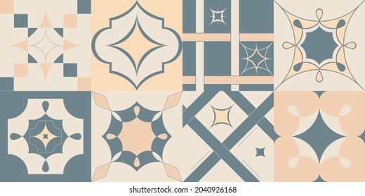 Collection of vector patterns - ceramic tiles with geometric ornament in calm shades. Azulejos Portugal, Turkish ornament, Moroccan tile. Use for design tiles, wallpaper, fabric, wrapping paper.