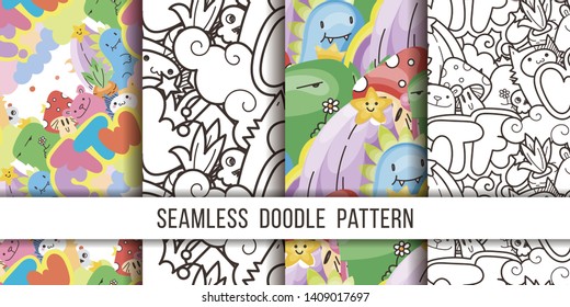 Collection of vector patterns with cute cartoon monsters and beasts. Nice for packaging, wrapping paper, coloring pages, wallpaper, fabric, fashion, home decor, prints etc. Vector illustration