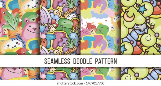 Collection of vector patterns with cute cartoon monsters and beasts. Nice for packaging, wrapping paper, coloring pages, wallpaper, fabric, fashion, home decor, prints etc. Vector illustration