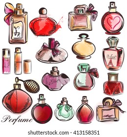 Collection of vector perfume bottles drawn in watercolor style