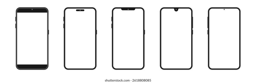 Collection of vector phones with blank white screens isolated on white background.