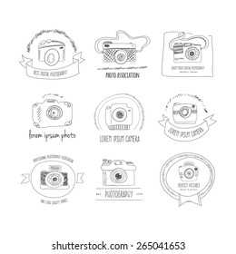 Collection of vector photography logos made in sketch style. Modern mass media icons. Photo labels. 