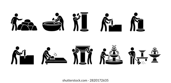 A collection of vector pictograms illustrating the professional workflow of stonemasons, from raw material handling and carving to finishing and assembly of structures.