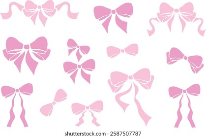 A collection of vector pink bows for decoration. Cute and delicate bows are an addition to children's illustrations, postcards, gifts and wedding designs. Available in various styles: flat, contoured,