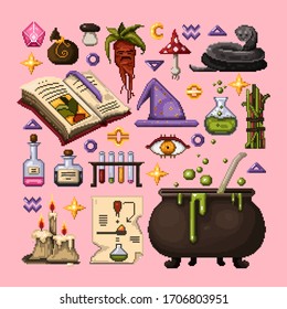 Collection of vector pixel objects of alchemy for video games, arcades, clip art, app. 8 bit magic set for alchemy, black magic and witchcraft. Bottle with potion, signs, mandrake, snake, recipe book.