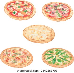 Collection of vector pizzas: Buffalo Chicken, Capricciosa, Bianca Pizza, White Pizza with Bacon, Bella Verde Pizza