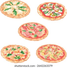 Collection of vector pizzas: Parmesan Arugula Pizza, Napolitana, Meat Lovers, BBQ Chicken Pizza, Bacon Cheeseburger Pizza