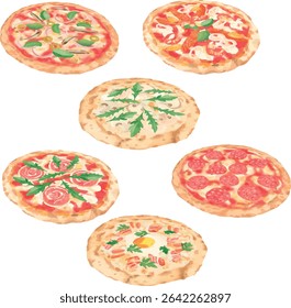 Collection of vector pizzas: Sicilian, Seafood Pizza, Mushroom Arugula Pizza, Prosciutto Crudo, Pepperoni Pizza, Carbonara