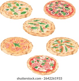 Coleção de pizzas vetoriais: Frango Branco, Vegetariano, Tartufo, Prosciutto Funghi, Spaghetti Carbonara e Salmão Fumado Arugula. Limpo, detalhado, com vista lateral