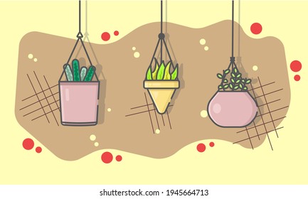 a collection of vector plants with home decor function on a dark brown and beige background. plant vector. vector illustration. cartoon plants. can be used for wallpapers, backgrounds, and banners