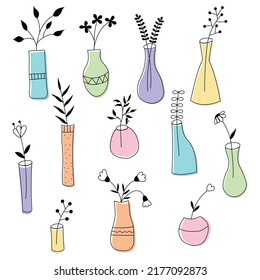 Colección de plantas vectoriales en jarrones en estilo doodle.  Flores de dibujos animados aislados sobre un fondo blanco.  Ilustración plana de color.
