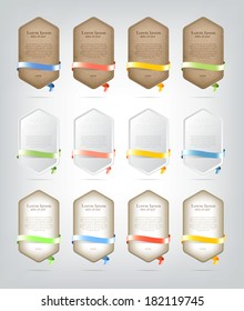 A collection of vector plastic and paper hexagonal badges with colorful silky ribbons