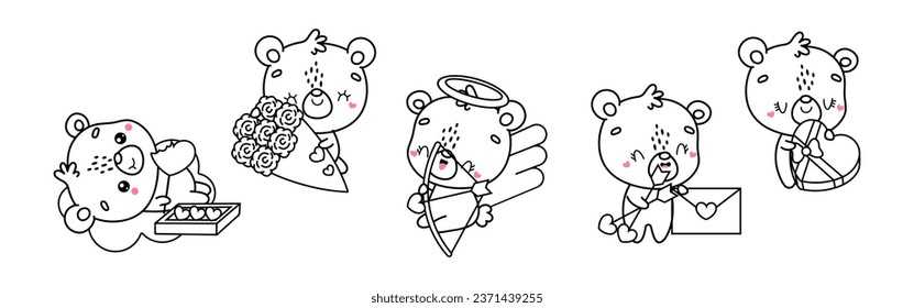 Collection of Vector Polar Bear Outline Art. Set of Isolated Bear Coloring Page Illustration. Cute Vector Animals in Love for Coloring Book 