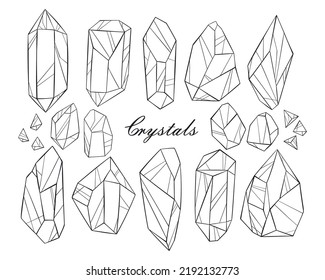 Collection of vector polygonal crystals. Graphic gems. Hand drawn contour geometric diamonds