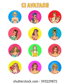 Collection of vector pop art female avatars for account in social networks