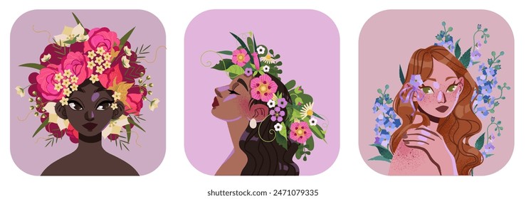 Una colección de retratos de Vector de mujeres con flores y ramos. Una mujer negra y una mujer india con una corona de rosas, petunias y hojas. Una chica pelirroja con pecas rodeada de flores