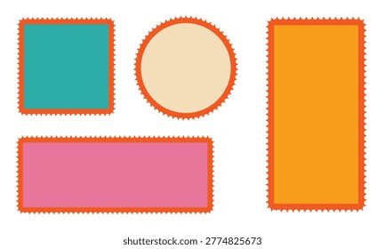 Collection of vector postage stamp frames with scalloped edges. Blank philatelic stickers in square, circle, and rectangle shapes with vibrant colors. Isolated templates for mail, postcards, and decorative design
