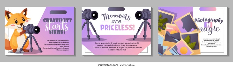 A collection of vector postcards featuring a cute fox photographer, a camera, and inspirational quotes about creativity and photography. Suitable for designers, bloggers, and studios.  
