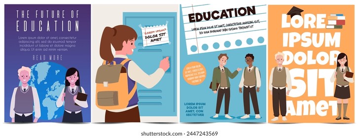 A collection of vector posters with scenes of students in high school uniforms. Illustrations with infographics of friends in high school for educational design