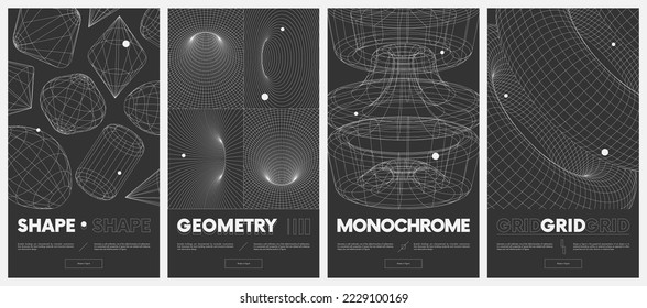 Collection vector posters with strange wireframes of geometric shapes modern design inspired by brutalism, abstract 3d spheres and grids set 7
