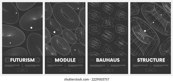 Collection vector posters with strange wireframes of geometric shapes modern design inspired by brutalism, graphic vaporwave and retrofuturistic style set 8