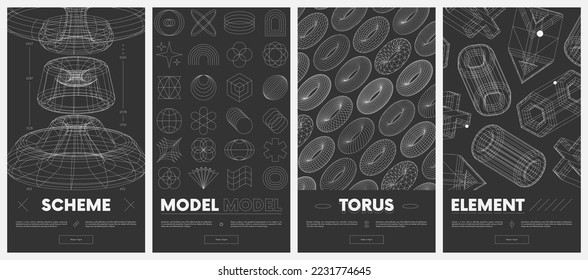 Collection vector posters with strange wireframes of geometric shapes modern design inspired by brutalism, structures of various shapes, retro futuristic graphics set 10