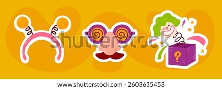 Collection of vector prank icons for April Fool’s Day. Colorful stickers with funny disguises, joke items, and accessories for celebration.