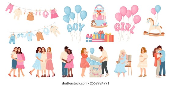 Collection vector pregnant girl, couple, young parents for baby shower People celebrating, introducing newborn arrival, infant birth Gender reveal party elements 'Girl' 'Boy' balloons, gifts, clothes