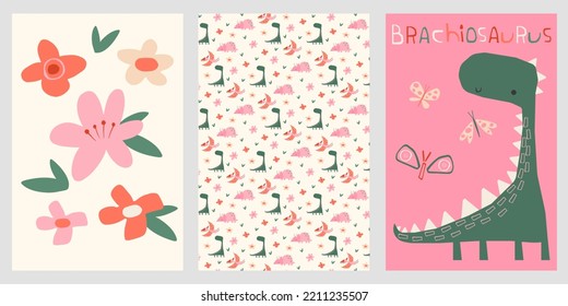 Sammlung von Vektorgrafiken mit Dinosauriern, Blumen und bunten Ornamenten. Abwechslungsmuster mit Dinosauriern und Blumen.