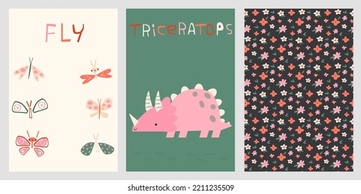 collection of vector prints with dinosaurs, flowers and colorful ornaments. variety patterns with dinosaurs and flowers.